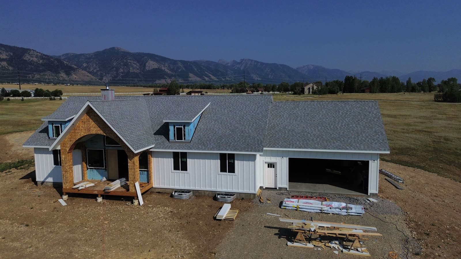 Aerial drone photo of the 109 Teton Way home nearly complete with siding on, August