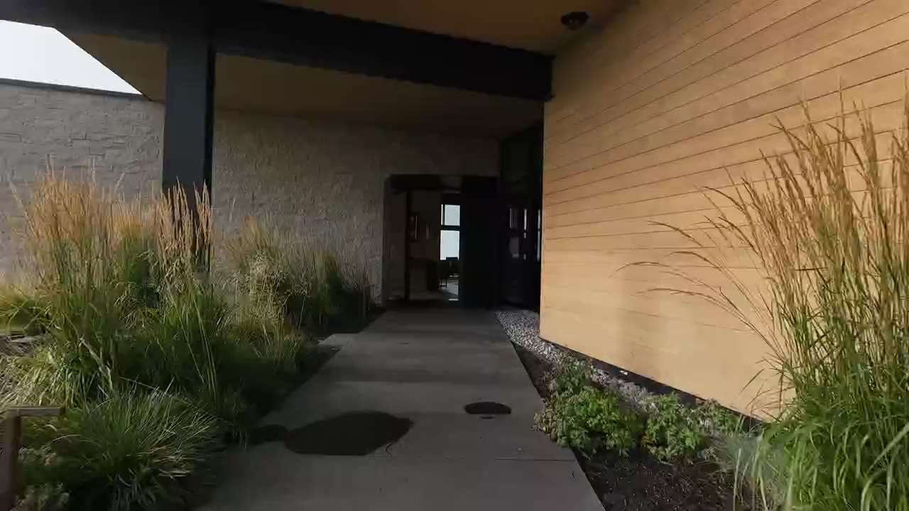 Frame from an FPV fly-through entering a home through the front door